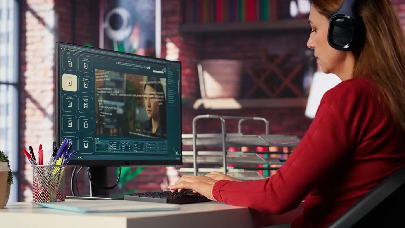 Softwareentwickler im Homeoffice, der an einem Desktop-Computer mit einem KI-gestützten Skript programmiert.